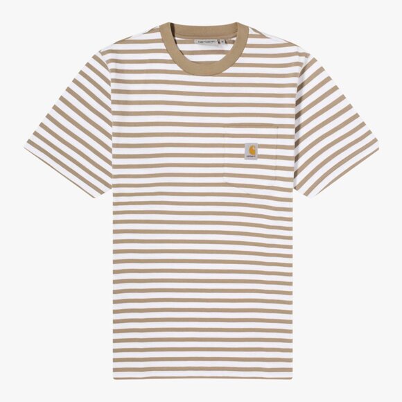 CARHARTT WIP | 100% COTTON "SCOTTY" NEUTRAL BEIGE WHITE STRIPE POCKET T-SHIRT - Picture 1 of 5